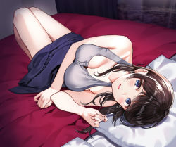 Rule 34 | 1girl, :d, bare arms, bare legs, bare shoulders, black skirt, blanket, blue eyes, blush, breasts, brown hair, cleavage, collarbone, earrings, full body, grey shirt, indoors, jewelry, knees up, large breasts, long hair, looking at viewer, lying, nishizawa, on back, on bed, open mouth, original, pillow, shirt, skirt, sleeveless, sleeveless shirt, smile, solo