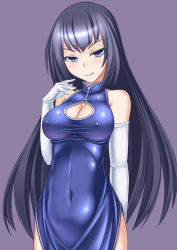 Rule 34 | 1girl, blush, breasts, china dress, chinese clothes, cleavage, cleavage cutout, clothing cutout, covered erect nipples, covered navel, dress, elbow gloves, gloves, kurosaka miori, large breasts, long hair, looking at viewer, meian, myouan, original, purple background, purple hair, simple background, solo