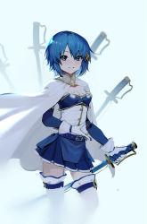 Rule 34 | 1girl, ahivemind, belt, belt buckle, blue eyes, blue hair, blue skirt, blue sleeves, breasts, buckle, cape, cleavage, closed mouth, cropped legs, cutlass, detached sleeves, fortissimo, gloves, grief seed, hair between eyes, hair ornament, highres, holding, holding sword, holding weapon, light smile, magical girl, mahou shoujo madoka magica, mahou shoujo madoka magica (anime), mahou shoujo madoka magica movie 1 &amp; 2, miki sayaka, miniskirt, musical note, musical note hair ornament, pleated skirt, saber (weapon), shirt, short hair, sketch, skirt, small breasts, solo, sword, thighhighs, weapon, white background, white cape, white gloves, white shirt, white thighhighs, zettai ryouiki