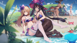 Rule 34 | 1boy, 5girls, absurdres, ass, bare legs, barefoot, beach, bikini, black hair, blindfold, blonde hair, blue bikini, blue bow, blue eyes, blue headwear, blue leotard, blurry, blurry foreground, blush, bow, breasts, brown pantyhose, cleavage, closed mouth, cloud, couple, crab, dark-skinned female, dark skin, day, depth of field, eyepatch, fischl (genshin impact), flower, full body, genshin impact, grass, hair bow, hair over one eye, hand on another&#039;s thigh, hand on own chin, hat, hat flower, highres, kaedehara kazuha, large breasts, leotard, long hair, lumine (genshin impact), medium breasts, mona (genshin impact), multiple girls, navel, no shoes, outdoors, paimon (genshin impact), pantyhose, plant, red bikini, red eyes, red flower, side-tie bikini bottom, sitting, smile, starfish, swimsuit, thighhighs, tiara, twintails, very long hair, white bikini, white thighhighs, witch hat, xingchee, xinyan (genshin impact), yuri