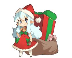 Rule 34 | 1girl, bare arms, bell, blue hair, bow, bright pupils, christmas present, closed mouth, commentary, dress, english commentary, fur-trimmed dress, fur-trimmed headwear, fur trim, gift, green bow, hand on own hip, hat, holding, holding sack, jingle bell, long hair, looking at viewer, neck bell, original, pantyhose, pointy ears, purple eyes, red dress, red hat, sack, santa hat, simple background, sleeveless, sleeveless dress, smile, solo, stuffed animal, stuffed rabbit, stuffed toy, vins-mousseux, white background, white pantyhose, white pupils