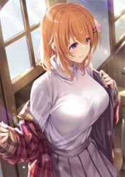 Rule 34 | 1girl, aged up, alternate breast size, alternate costume, breasts, commentary, day, gochuumon wa usagi desu ka?, hair between eyes, hair ornament, hairclip, highres, hoto cocoa, indoors, jacket, ks (xephyrks), large breasts, light rays, long hair, long sleeves, looking away, orange hair, parted lips, plaid, plaid jacket, pleated skirt, ribbed sweater, skirt, smile, solo, sweater, turtleneck, turtleneck sweater, white sweater, window