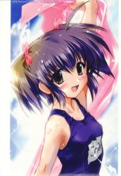 Rule 34 | 00s, 1girl, :d, ahoge, arm up, beach towel, black eyes, black hair, blue one-piece swimsuit, breasts, character name, cloud, copyright name, day, english text, from side, hair between eyes, hair ribbon, happy, highres, holding, holding towel, komatsu eiji, looking at viewer, name tag, old school swimsuit, one-piece swimsuit, open mouth, outdoors, pink ribbon, pink towel, ribbon, scan, school swimsuit, short hair, short twintails, sidelocks, sky, small breasts, smile, solo, sparkle, swimsuit, to heart (series), to heart 2, towel, twintails, upper body, yuzuhara konomi