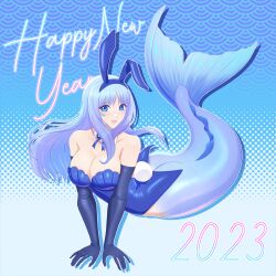 Rule 34 | 2023, absurdres, arm support, ass, blue eyes, blue hair, breasts, fins, gloves, happy new year, highres, hime cut, kiria021, leotard, long hair, medium breasts, mermaid, monster girl, new year, original, patterned background, playboy bunny, ribbon, smile