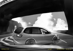 Rule 34 | 2girls, car, cellphone, cloud, commentary request, dated, greyscale, holding, holding phone, looking at viewer, monochrome, motor vehicle, multiple girls, nimuno (munimuni), original, outdoors, phone, road, shirt, short hair, t-shirt, vehicle focus