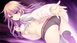 Rule 34 | 1girl, ageha (sorcery jokers), ass, belt, breasts, crop top, earrings, from behind, fur, game cg, highres, jewelry, large breasts, long hair, looking at viewer, looking back, makita maki, midriff, outstretched arm, purple eyes, purple hair, ribbed sweater, ring, short shorts, shorts, shrug (clothing), smile, solo, sorcery jokers, sweater, underboob