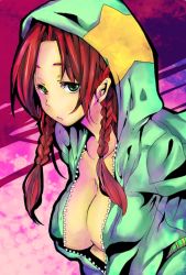 Rule 34 | 1girl, alternate costume, bad id, bad pixiv id, braid, breasts, cleavage, clover (lapis lazure), collarbone, eyelashes, green eyes, hong meiling, hood, hoodie, hp 0 (eitipe0), large breasts, long hair, looking at viewer, naked hoodie, no bra, pouty lips, recolored, red hair, solo, solo focus, star (symbol), touhou, twin braids