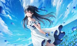 Rule 34 | 1girl, arms behind back, black hair, blue flower, blue ribbon, blue sky, cloud, cloudy sky, day, dress, dutch angle, field, flower, flower field, from behind, hair ribbon, highres, holding, holding flower, light smile, long hair, looking at viewer, off-shoulder dress, off shoulder, original, outdoors, plus1024, red eyes, ribbon, sidelocks, sky, solo, summer, white dress