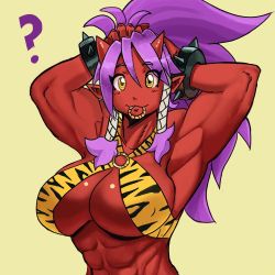 Rule 34 | 1girl, abs, animal costume, animal print, breasts, colored skin, confused, ezzydraws, large breasts, long hair, monster girl, muscular, muscular female, oni, original, purple hair, red skin, solo, tiger costume, tiger print, yellow eyes