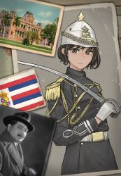 Rule 34 | 1boy, 1girl, absurdres, brown eyes, brown hair, closed mouth, cutlass, expressionless, gloves, hawaii, hawaiian flag, hearts of iron, helmet, highres, holding, holding sword, holding weapon, kaiserreich, long sleeves, looking at viewer, military, original, photo (object), pzkpfwi, short hair, sword, weapon, white gloves