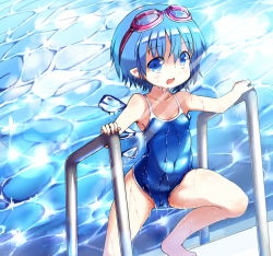 Rule 34 | 1girl, blue eyes, blue hair, cirno, competition school swimsuit, goggles, goggles on head, hakkotsu shitai, ice, ice wings, matching hair/eyes, one-piece swimsuit, pointy ears, pool ladder, poolside, school swimsuit, short hair, solo, swimsuit, touhou, water, wet, wet clothes, wet swimsuit, wings