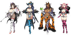 Rule 34 | 4girls, absurdres, animal ears, animal print, arm up, aurora (bunnystein fantasy), bell, black hair, blue eyes, blue hair, boots, braid, breasts, brown hair, cape, capelet, cleavage, commentary request, cow ears, cow horns, cow print, dark-skinned female, dark skin, dress, elbow gloves, full body, fur trim, garter straps, gloves, hair ornament, halterneck, hand up, high heels, highleg, highleg leotard, highres, holding, holding weapon, horns, large breasts, leotard, lips, lipstick, long hair, makeup, mole, mole on body, mole on breast, mole under eye, mole under mouth, multicolored hair, multiple girls, navel, neck bell, o-ring, orange hair, original, paina (bunnystein fantasy), pantyhose, pelvic curtain, pink hair, red eyes, revealing clothes, senri gan, shiny clothes, shiny skin, short dress, short hair, simple background, smile, stomach, thigh boots, thighhighs, thighs, two-tone hair, weapon, white hair