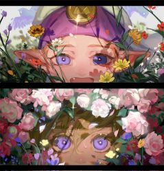 Rule 34 | 1boy, 1girl, bird, blonde hair, blue flower, close-up, eye focus, fang, field, flower, flower field, hair between eyes, hat, highres, link, looking at another, looking at viewer, mob cap, nintendo, octahooves, open mouth, outdoors, parted bangs, pink flower, pink rose, pointy ears, princess zelda, purple eyes, rose, smile, sparkle, the legend of zelda, the legend of zelda: ocarina of time, wet, white flower, yellow flower, young link, young zelda