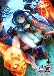 Rule 34 | 1girl, blue hair, boots, breasts, copyright name, detached sleeves, frilled boots, frills, full moon, gauntlets, high heels, kiryuu takahisa, large breasts, long hair, moon, night, open mouth, red eyes, scythe, sitting, skirt, solo, spirit, stella eater, thighhighs, triangle mouth, very long hair, watermark, white thighhighs