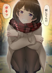 Rule 34 | 1girl, arms on knees, ashino moto, aura, bare tree, blue eyes, blurry, blurry background, blush, brown coat, brown hair, brown pantyhose, coat, commentary request, crossed arms, depth of field, enpera, feet out of frame, grin, hair ornament, hairclip, head tilt, highres, looking at viewer, miniskirt, nijisanji, outdoors, pantyhose, plaid, plaid scarf, plaid skirt, scarf, short hair, skirt, smile, solo, squatting, teeth, translation request, tree, tsukino mito, tsukino mito (6th costume), twilight, virtual youtuber