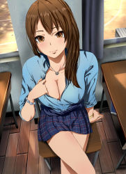 Rule 34 | 1girl, arm support, artist request, blouse, blue shirt, blue shirt, blue skirt, breasts, brown eyes, brown hair, classroom, cleavage, clothes around waist, clothes pull, desk, downblouse, female focus, from above, highres, large breasts, lips, long hair, looking at viewer, miniskirt, original, plaid, plaid skirt, pleated skirt, school, school uniform, shirt, sitting, skirt, smile, solo, sweater, sweater around waist, urasuji samurai, window, wooden floor