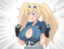 Rule 34 | 1girl, ahoge, black bra, black gloves, blonde hair, blue eyes, blue shirt, blush, bra, bra peek, breast pocket, breasts, bursting breasts, buttons, center opening, cleavage, collared shirt, crying, crying with eyes open, exploding clothes, flying button, gambier bay (kancolle), gloves, hair between eyes, hairband, kantai collection, large breasts, long hair, open mouth, pocket, popped button, puffywaffles, shirt, short sleeves, solo, speed lines, tears, twintails, underbust, underwear, wardrobe malfunction