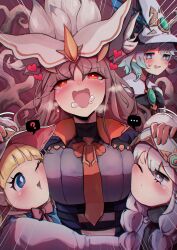 Rule 34 | ..., 4girls, ?, absurdres, asteria of the white woods, blonde hair, blue eyes, blush, breasts, brown hair, c civciv, drooling, duel monster, face to breasts, grey eyes, hand on another&#039;s head, hat, heart, highres, hug, large breasts, long hair, multiple girls, necktie, one eye closed, open mouth, orange eyes, pervert, rcia of the white woods, risette of the white woods, silve of the white woods, spoken ellipsis, spoken question mark, white hair, witch hat, wizard hat, yu-gi-oh!, yuri