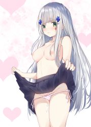 Rule 34 | 1girl, absurdres, blunt bangs, blush, bow, bow panties, breasts, closed mouth, clothes lift, cum, facial mark, frown, girls&#039; frontline, green eyes, hair ornament, heart, heart background, highres, hk416 (girls&#039; frontline), kei (limitedgirl), lifted by self, long hair, looking at viewer, lowleg, lowleg panties, medium breasts, nipples, panties, pink background, pink bow, ribbon, side-tie panties, sidelocks, skirt, skirt lift, solo, stomach, straight hair, topless, underwear, upskirt, very long hair, white panties, white ribbon