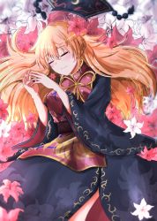 Rule 34 | 1girl, absurdres, black dress, black hat, blonde hair, breasts, closed eyes, closed mouth, commentary request, crescent, dress, floral print, flower, hat, highres, junko (touhou), large breasts, lily (flower), long hair, long sleeves, lying, on back, oshiaki, red flower, sash, smile, solo, tabard, touhou, very long hair, white flower, wide sleeves