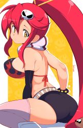 Rule 34 | 1girl, ass, belt, bikini, bikini top only, breasts, elbow gloves, female focus, flame print, from behind, gloves, gun, hair ornament, highres, jellcaps, large breasts, long hair, looking at viewer, looking back, ponytail, red hair, scarf, shiny skin, short shorts, shorts, sitting, skindentation, skull hair ornament, solo, studded belt, swimsuit, tengen toppa gurren lagann, underboob, wariza, weapon, yoko littner
