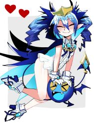 Rule 34 | &gt; &lt;, 1girl, blue hair, blush, bombergirl, breasts, cape, closed eyes, crown, dress, drill hair, fang, full body, gloves, heart, high heels, highres, lewisia aquablue, long hair, pointy ears, short dress, sidelocks, simple background, skin fang, small breasts, smile, tail, twin drills, twintails, two-tone background, uotsu (sabakou), white dress, white gloves, wings