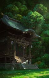 Rule 34 | architecture, commentary, cyclecircle, day, east asian architecture, english commentary, flower, forest, grass, highres, lantern, light rays, nature, no humans, original, outdoors, paper lantern, rope, scenery, shade, shide, shimenawa, shrine, sliding doors, stairs, statue, sunlight, tree, white wolf, wolf, yellow flower