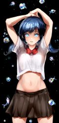 Rule 34 | 1girl, absurdres, amano hina (tenki no ko), arms up, black skirt, blue eyes, blue hair, bow, bowtie, highres, long hair, lower teeth only, mamimi (mamamimi), midriff, navel, parted lips, red bow, red bowtie, skirt, solo, standing, teeth, tenki no ko, twintails, water, water drop