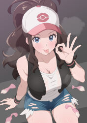 1girl :p alternate_breast_size baseball_cap black_vest black_wristband blue_eyes breasts breath brown_hair cleavage condom creatures_(company) cum denim denim_shorts fellatio_gesture fluffy_hair game_freak grey_background hand_up hat high_ponytail highres hilda_(pokemon) huet-pc large_breasts long_hair looking_at_viewer multiple_condoms nintendo poke_ball_print pokemon pokemon_bw short_shorts shorts simple_background sitting solo sweat tank_top thighs tongue tongue_out torn_clothes torn_shorts used_condom very_long_hair vest wavy_hair white_tank_top