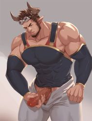 Rule 34 | 1boy, arbbun, bara, bare shoulders, beard, brown hair, character request, check character, covered abs, covered navel, cowboy shot, detached sleeves, draph, covered erect nipples, facial hair, goggles, goggles on head, granblue fantasy, highres, horns, large pectorals, male focus, male masturbation, manly, masturbation, muscular, pants, pectorals, penis, pointy ears, short hair, solo, thick thighs, thighs, tight clothes, uncensored, white pants