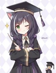 Rule 34 | 1boy, 1girl, ;), animal ear fluff, animal ears, argyle, argyle background, argyle clothes, black capelet, black hair, black headwear, black robe, blush, braid, capelet, cat ears, closed mouth, collared shirt, green eyes, hat, holding, holding wand, karyl (princess connect!), karyl (transfer student) (princess connect!), long hair, long sleeves, looking at viewer, low twintails, mauve, mortarboard, multicolored hair, one eye closed, open clothes, open robe, princess connect!, robe, shirt, smile, smug, sparkle, streaked hair, thumbs up, tilted headwear, twin braids, twintails, twitter username, v-shaped eyebrows, very long hair, wand, white hair, white shirt, wide sleeves, yuuki (princess connect!)