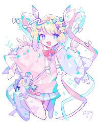 Rule 34 | + +, 1girl, blonde hair, blue bow, blue eyes, blue hair, blue skirt, blush stickers, bow, bowtie, chouzetsusaikawa tenshi-chan, double v, hair bow, hair ornament, hairclip, heart, highres, hood, hoodie, long hair, looking at viewer, multicolored hair, needy girl overdose, open mouth, pink bow, pink hair, pink hoodie, pleated skirt, purple bow, quad tails, red bow, red bowtie, sidelocks, signature, simple background, skirt, solo, sparkle, sushiuma m, v, white background, white bag, white bow, white footwear