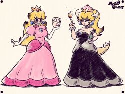 Rule 34 | 2girls, armlet, artist name, bare shoulders, black choker, black nails, black sclera, blonde hair, bowsette, bracelet, breasts, choker, cleavage, collar, colored sclera, dress, earrings, elbow gloves, evil grin, evil smile, eyelashes, eyeshadow, fire, frown, genderswap, genderswap (mtf), gloves, grin, highres, holding flame, horns, jewelry, long hair, looking at another, magic, makeup, mario (series), marodraws, mask, multiple girls, nail polish, new super mario bros. u deluxe, nintendo, peach.exe, pointing, pointing up, princess, princess peach, smile, spiked armlet, spiked bracelet, spikes, super crown, tail