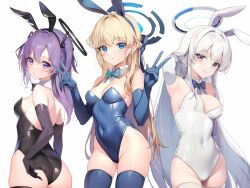 Rule 34 | 3girls, animal ears, arm up, ass, black bow, black bowtie, black gloves, black leotard, black thighhighs, blonde hair, blue archive, blue bow, blue bowtie, blue eyes, blue gloves, blue leotard, blue thighhighs, blush, bow, bowtie, braid, breasts, cleavage, closed mouth, commentary, commission, covered navel, cowboy shot, detached collar, double v, elbow gloves, fake animal ears, gloves, hair between eyes, halo, highleg, highleg leotard, kakerayuri, leotard, long hair, looking at viewer, medium breasts, multiple girls, noa (blue archive), official alternate costume, playboy bunny, purple eyes, purple hair, rabbit ears, simple background, skeb commission, smile, strapless, strapless leotard, thighhighs, toki (blue archive), toki (bunny) (blue archive), two side up, v, white background, white gloves, white hair, white leotard, white thighhighs, yuuka (blue archive)