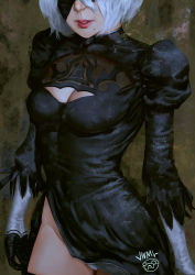 Rule 34 | 1girl, artist logo, black blindfold, black dress, black thighhighs, blindfold, breasts, c-string, cleavage, cleavage cutout, clothing cutout, dress, gloves, groin, highres, large breasts, lips, long sleeves, mole, mole under mouth, nier (series), nier:automata, no leotard, nose, parted lips, red lips, short hair, solo, standing, steamy tomato, strapless bottom, teeth, thighhighs, white hair, 2b (nier:automata)