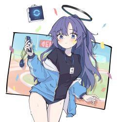 Rule 34 | 1girl, :/, absurdres, black halo, black shirt, blue archive, blue buruma, blue eyes, blue jacket, blush, breasts, buruma, cardiogram, cellphone, closed mouth, commentary request, confetti, cowboy shot, dot nose, drone, gym uniform, hair between eyes, halo, hand up, high ponytail, highres, holding, holding phone, id card, jacket, lanyard, large breasts, leaning forward, long hair, long sleeves, looking at viewer, mechanical halo, morphling (artist), off shoulder, official alternate costume, official alternate hairstyle, open clothes, open jacket, parted bangs, phone, purple hair, raised eyebrows, shirt, short sleeves, sidelocks, smartphone, solo, star sticker, sticker on face, sweat, t-shirt, thick eyelashes, thigh gap, thighs, three quarter view, track jacket, turning head, white background, yuuka (blue archive), yuuka (track) (blue archive)
