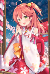 Rule 34 | 1girl, ahoge, bare shoulders, bell, blush, box, cherry blossom print, cherry blossoms, collar, donation box, floral print, frills, green eyes, hair bell, hair between eyes, hair ornament, highres, hololive, long hair, looking at viewer, mi taro333, nontraditional miko, one side up, open mouth, pink hair, red collar, sakura miko, sakura miko (1st costume), solo, torii, virtual youtuber, wide sleeves