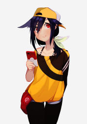 Rule 34 | 1girl, arm behind back, backwards hat, bad id, bad pixiv id, baseball cap, beijuu, belt pouch, black legwear, blue hair, bow, cellphone, creatures (company), female protagonist (pokemon go), game freak, grey background, hair bow, hat, highres, holding, holding phone, nintendo, off-shoulder shirt, off shoulder, phone, poke ball symbol, pokemon, pokemon go, ponytail, pouch, red eyes, shirt, shorts, simple background, smartphone, solo, spaghetti strap, thigh gap, white bow