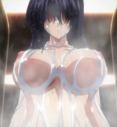 Rule 34 | 10s, 1girl, black hair, breasts, female focus, hair over eyes, high school dxd, highres, himejima akeno, large breasts, long hair, nipples, shower, solo, stitched, third-party edit, water