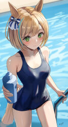 Rule 34 | 1girl, animal ears, blonde hair, blue hair, blue one-piece swimsuit, blush, bottle, competition school swimsuit, foreshortening, green eyes, highres, holding, holding bottle, horse ears, horse girl, little cocon (umamusume), looking at viewer, may9, multicolored hair, new school swimsuit, one-piece swimsuit, poolside, school swimsuit, short hair, signature, solo, streaked hair, swimsuit, tracen swimsuit, two-tone hair, umamusume, wavy mouth