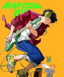 Rule 34 | 2boys, black hair, blonde hair, blue pants, closed eyes, commentary, ekubo (mob psycho 100), english commentary, guitar, headphones, highres, holding, holding instrument, holding megaphone, instrument, kageyama shigeo, male focus, megaphone, mob psycho 100, multiple boys, music, open mouth, orange background, pants, playing instrument, red shirt, reigen arataka, shirt, shoes, short hair, simple background, smile, sneakers, sweepswoop, white shirt, yellow footwear