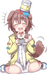 Rule 34 | +++, 1girl, :3, :d, ^ ^, absurdres, animal ears, blush, brown hair, closed eyes, collar, collarbone, commentary request, dog ears, dog girl, dog tail, dress, facing viewer, fang, hair between eyes, hands up, highres, holding, hololive, inugami korone, inugami korone (1st costume), jacket, long sleeves, motion lines, nintendo switch, off shoulder, open clothes, open jacket, open mouth, paint can, paint splatter, red collar, shadow, shoes, simple background, sitting, sleeveless, sleeveless dress, smile, solo, tail, thick eyebrows, umberblack, virtual youtuber, wariza, white background, white dress, white footwear, wide sleeves, yellow jacket