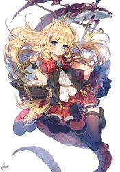 Rule 34 | 10s, 1girl, bad id, bad pixiv id, belt, black footwear, black thighhighs, blonde hair, blue eyes, blush, book, boots, bow, brooch, cagliostro (granblue fantasy), cape, creature, dress shirt, frills, full body, granblue fantasy, hairband, index finger raised, jewelry, lens flare, long hair, looking at viewer, open book, purple eyes, red bow, red skirt, sad, shirt, signature, simple background, skirt, solo, sukja, thighhighs, tiara, very long hair, vial, white shirt, wrist cuffs