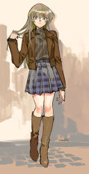 Rule 34 | 1girl, 203wolves, blue skirt, boots, brown eyes, brown footwear, brown hair, brown jacket, brown sweater, casual, closed mouth, hair between eyes, highres, holding, holding own hair, jacket, knee boots, light smile, long hair, long sleeves, looking at viewer, miniskirt, open clothes, open jacket, plaid, plaid skirt, pleated skirt, ribbed sweater, signature, sketch, skirt, solo, straight hair, sweater, tenjouin asuka, turtleneck, turtleneck sweater, yu-gi-oh!, yu-gi-oh! gx