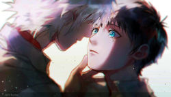 Rule 34 | 2boys, black hair, blue eyes, blurry, crying, crying with eyes open, depth of field, drinkdrink, eye contact, face-to-face, facing another, hand up, ikari shinji, imminent kiss, light particles, looking at another, male focus, multiple boys, nagisa kaworu, neon genesis evangelion, parted lips, portrait, school uniform, short hair, simple background, spot color, tears, white background, white hair, yaoi