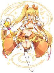 Rule 34 | 1girl, absurdres, anri mike, blonde hair, blue eyes, breasts, cleavage, detached sleeves, fang, full body, gloves, heart, highres, holding, holding wand, long hair, looking at viewer, magical girl, navel, one eye closed, open mouth, orange ribbon, orange skirt, original, ribbon, skin fang, skirt, solo, sparkle, twintails, very long hair, wand, white background, white footwear, white gloves
