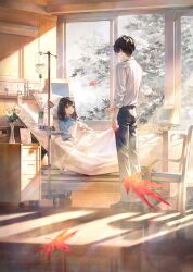 Rule 34 | 1boy, 1girl, autumn leaves, bed, black hair, black pants, brown eyes, collared shirt, facing another, flower, full body, glasses, highres, hospital bed, indoors, intravenous drip, light rays, long hair, looking at another, original, pants, shirt, short hair, sousou (sousouworks), standing, white shirt, window