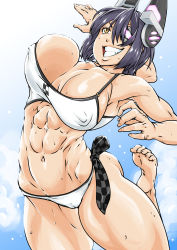 Rule 34 | 10s, 1girl, abs, barefoot, biceps, bouncing breasts, breasts, cameltoe, clenched teeth, covered erect nipples, eyepatch, fang, feet, female focus, highres, kantai collection, large breasts, midriff, muscular, muscular female, navel, purple hair, short hair, sky, soles, solo, sorahachi midoro, sports bra, teeth, tenryuu (kancolle), toe scrunch, toes, toned, yellow eyes