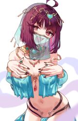 Rule 34 | 1girl, ahoge, arabian clothes, atelier (series), atelier sophie, black nails, breasts, fingernails, hands on own chest, highres, jewelry, looking at viewer, medium breasts, nail polish, navel, red eyes, red hair, ring, ryuuno6, short hair, simple background, solo, sophie neuenmuller, veil, white background