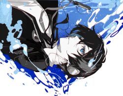 Rule 34 | 1boy, black hair, black jacket, black ribbon, blue eyes, bubble, cable, closed mouth, collared shirt, gekkoukan high school uniform, hair between eyes, headphones, jacket, looking at viewer, male focus, neck ribbon, open clothes, open jacket, persona, persona 3, persona 3 reload, ribbon, school uniform, shirt, short hair, solo, spot color, water, white background, white shirt, xing 20, yuuki makoto (persona 3)